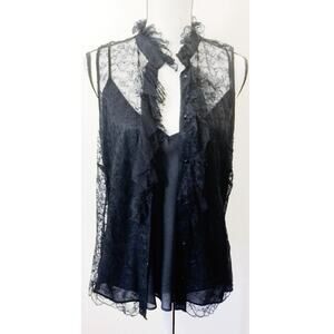 Vintage Lauren by Ralph Lauren Black Lace Ruffle Blouse & Cami Set - Size XL